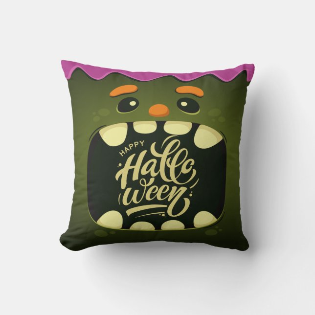 Funny Scary Green Monster Face Halloween Cushion (Front)