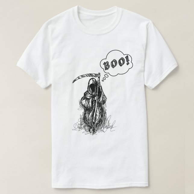 Funny Scary Spooky Grim Reaper with Synthe Boo T-Shirt (Design Front)