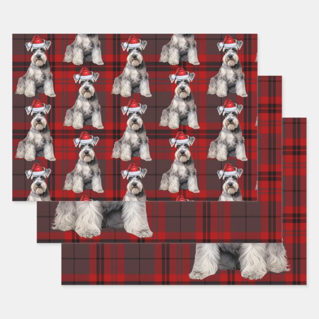 Funny Schnauzer Christmas Dog Holiday Plaid Wrapping Paper Sheet (Set)