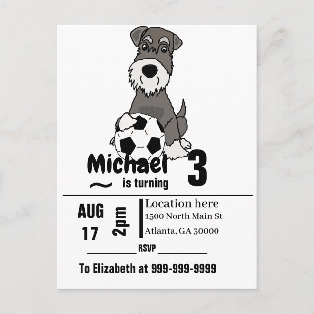Funny Schnauzer Dog Playing Soccer Birthday Party Invitation Postcard (Front)