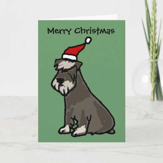 Funny Schnauzer in Christmas Hat Holiday Card (Front)