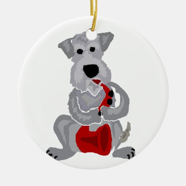 Funny Schnauzer Playing Red Saxophone Ceramic Tree Decoration (Front)
