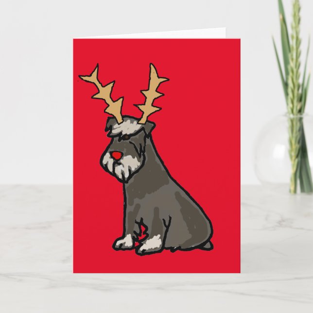 Funny Schnauzer with Reindeer Antlers Christmas Holiday Card (Front)