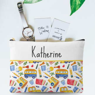 Funny School Bus Go Back To School Name Pattern Accessory Pouch