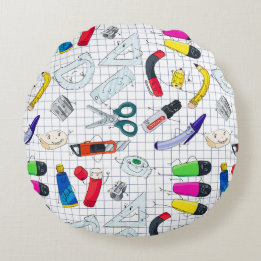 Funny school supplies characters. round cushion