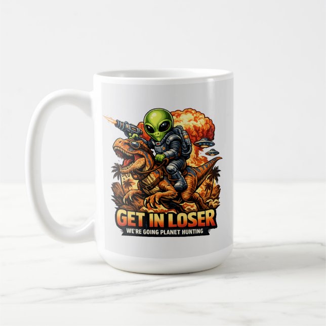 Funny Sci-Fi Fantasy Meme Art, Alien Riding Dinosa Coffee Mug (Left)