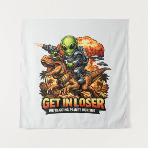 Funny Sci-Fi Fantasy Meme Art, Alien Riding Dinosa Tapestry