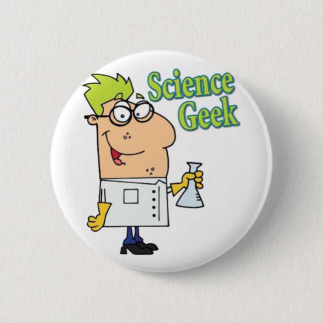 funny science geek cartoon character 6 cm round badge (Front)