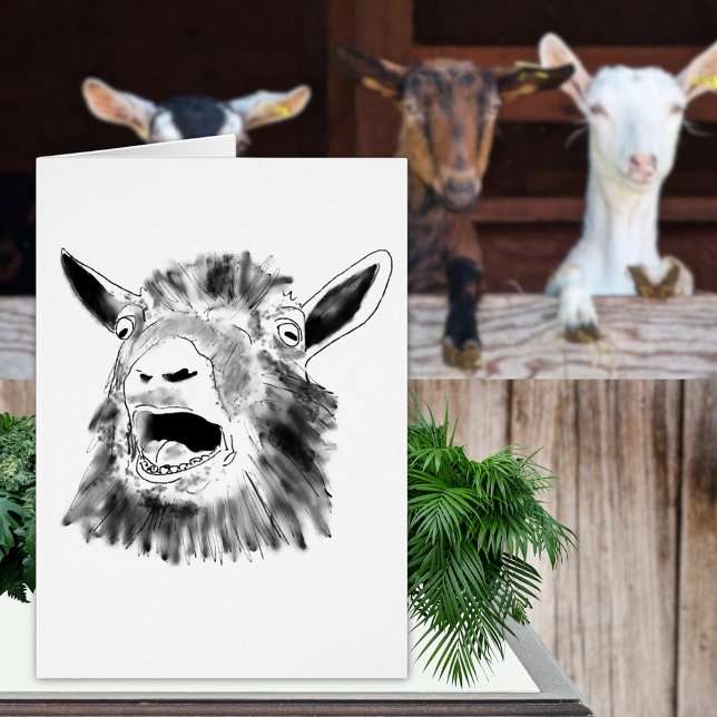 Funny Screaming Goat Drawing (Funny screaming goat drawing black and white greetings card simple fun farm animal art)