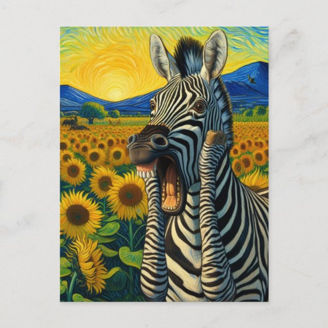 Funny Screaming Zebra in Van Gogh Sunflower Field Postcard (Front)