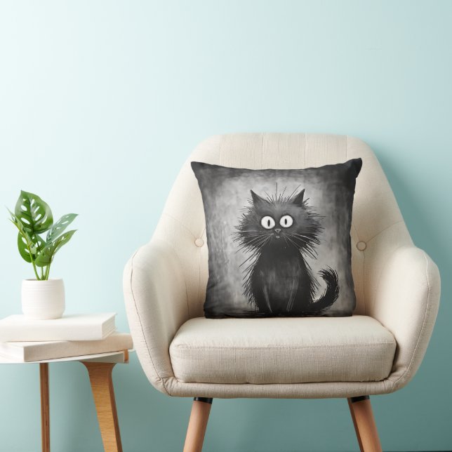 Funny Scruffy Black Cat Cushion (Chair)