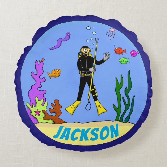 Funny scuba diver and fish cartoon round cushion (Front)