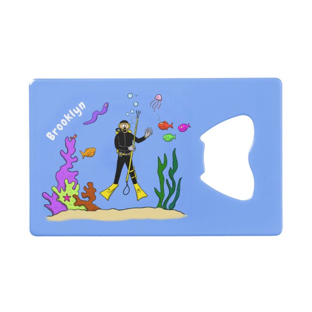 Funny scuba diver and fish sea creatures cartoon (Front (Horizontal))