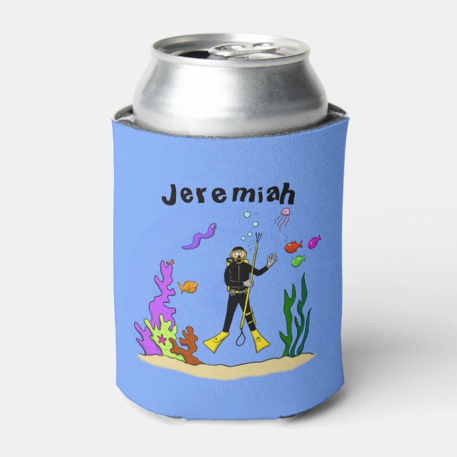 Funny scuba diver and fish sea creatures cartoon can cooler (Can Front)