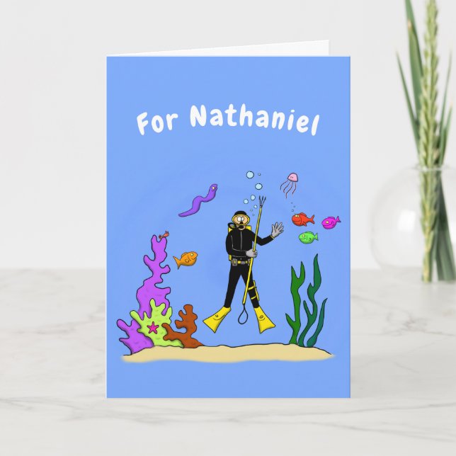 Funny scuba diver and fish sea creatures cartoon card (Front)