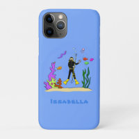 Funny scuba diver and fish sea creatures cartoon