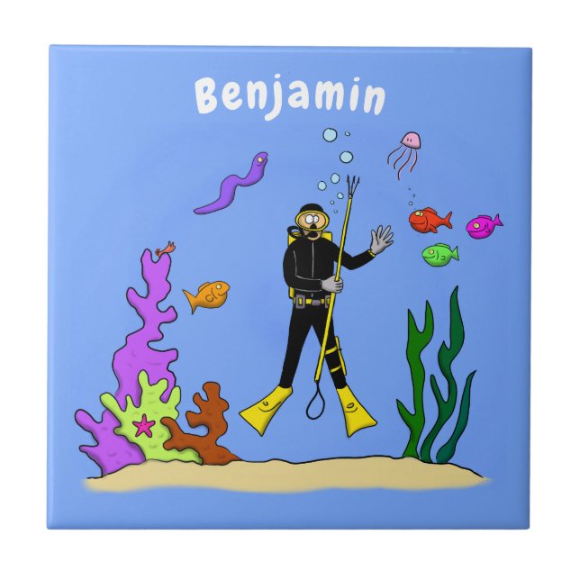 Funny scuba diver and fish sea creatures cartoon ceramic tile (Front)