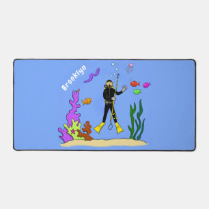 Funny scuba diver and fish sea creatures cartoon desk mat