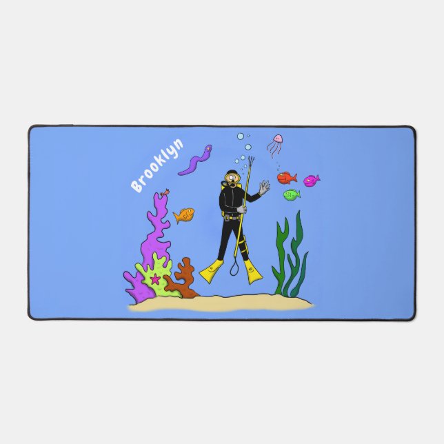 Funny scuba diver and fish sea creatures cartoon desk mat (Front)