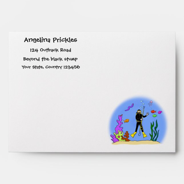 Funny scuba diver and fish sea creatures cartoon envelope (Front)