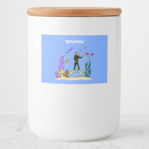 Funny scuba diver and fish sea creatures cartoon food label