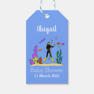 Funny scuba diver and fish sea creatures cartoon gift tags