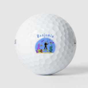 Funny scuba diver and fish sea creatures cartoon golf balls