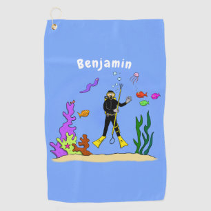 Funny scuba diver and fish sea creatures cartoon golf towel