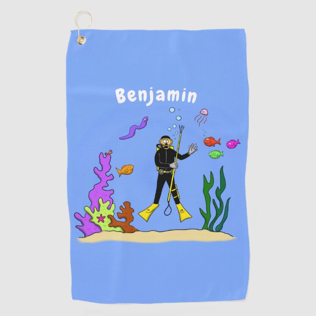 Funny scuba diver and fish sea creatures cartoon  golf towel (Front)