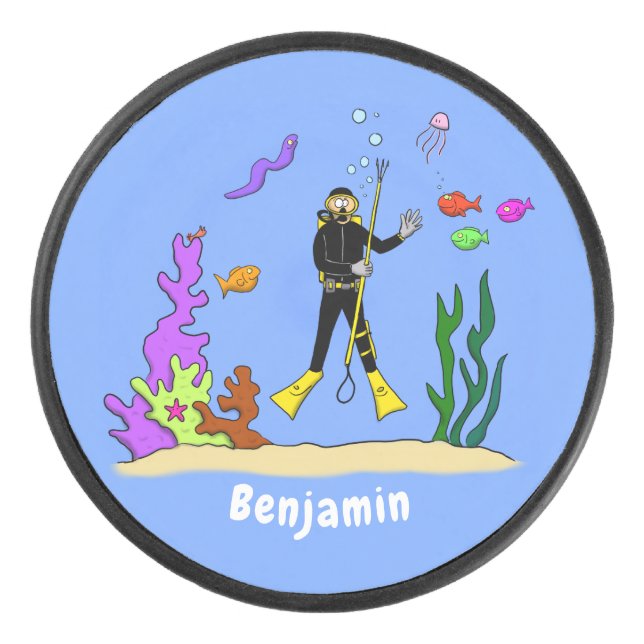 Funny scuba diver and fish sea creatures cartoon hockey puck (Front)