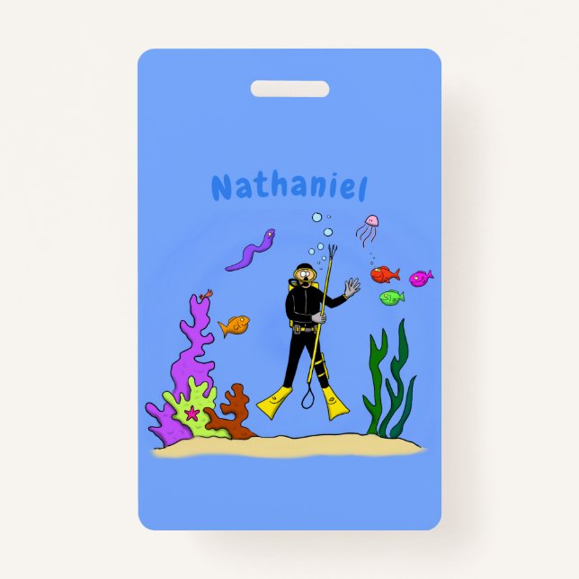 Funny scuba diver and fish sea creatures cartoon ID badge (Front)
