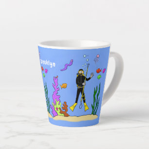 Funny scuba diver and fish sea creatures cartoon latte mug