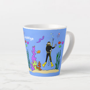 Funny scuba diver and fish sea creatures cartoon latte mug