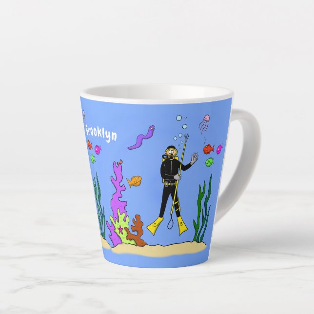 Funny scuba diver and fish sea creatures cartoon latte mug (Right Angle)