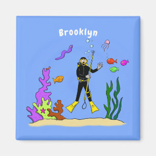 Funny scuba diver and fish sea creatures cartoon magnet