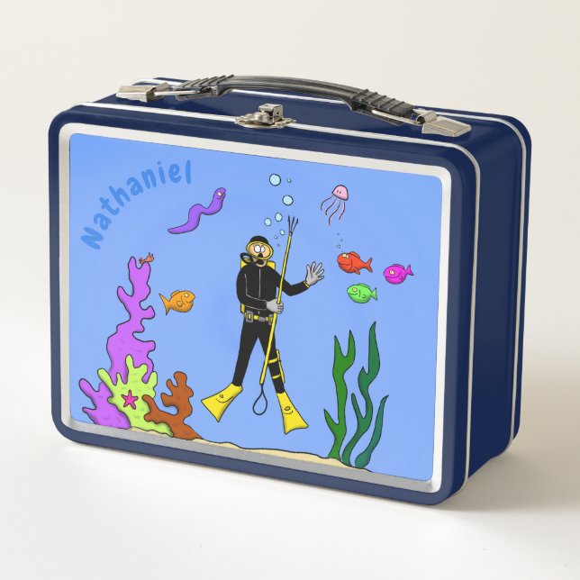 Funny scuba diver and fish sea creatures cartoon metal lunch box (Front)