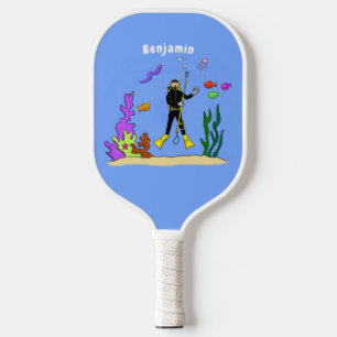 Funny scuba diver and fish sea creatures cartoon  pickleball paddle