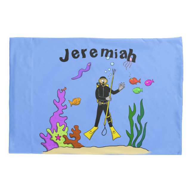 Funny scuba diver and fish sea creatures cartoon pillowcase (Back)