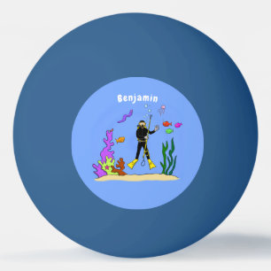 Funny scuba diver and fish sea creatures cartoon ping pong ball