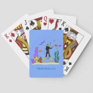 Funny scuba diver and fish sea creatures cartoon playing cards