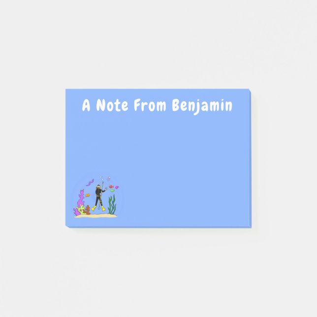 Funny scuba diver and fish sea creatures cartoon post-it notes (Front)