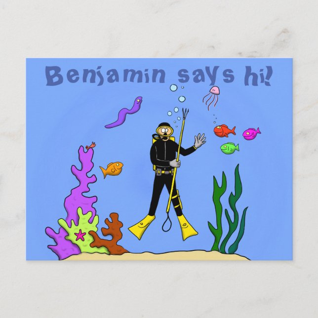Funny scuba diver and fish sea creatures cartoon postcard (Front)