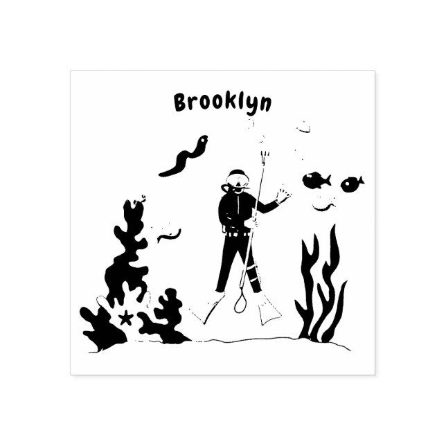 Funny scuba diver and fish sea creatures cartoon  rubber stamp (Imprint)