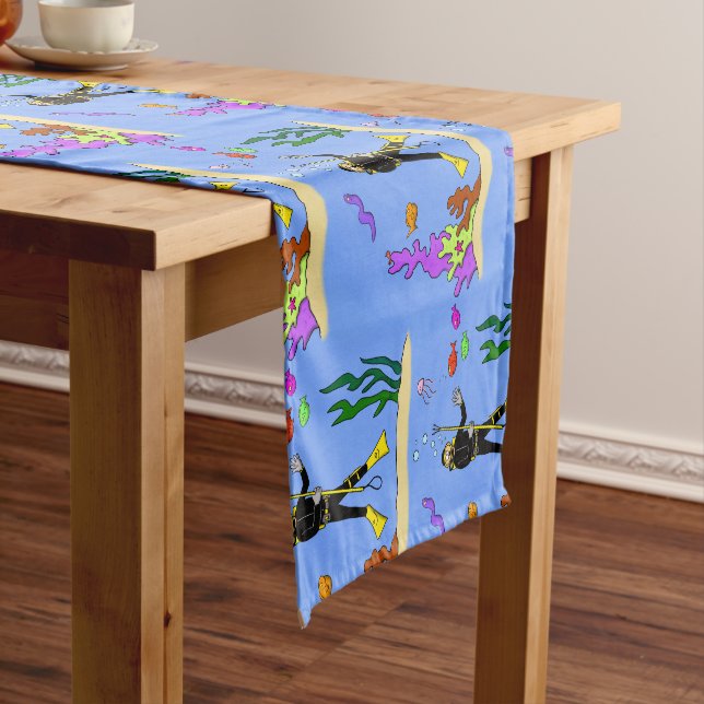 Funny scuba diver and fish sea creatures cartoon short table runner (In Situ)