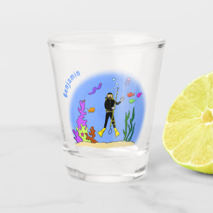Funny scuba diver and fish sea creatures cartoon shot glass