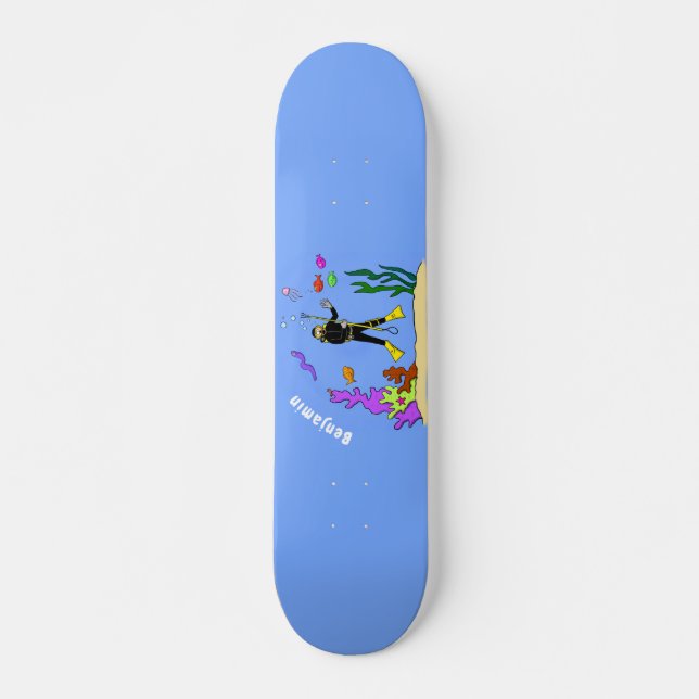 Funny scuba diver and fish sea creatures cartoon skateboard (Front)