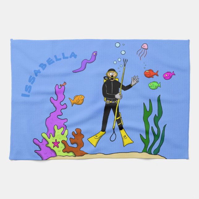 Funny scuba diver and fish sea creatures cartoon tea towel (Horizontal)