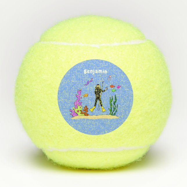 Funny scuba diver and fish sea creatures cartoon tennis balls (Front)