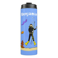 Funny scuba diver and fish sea creatures cartoon