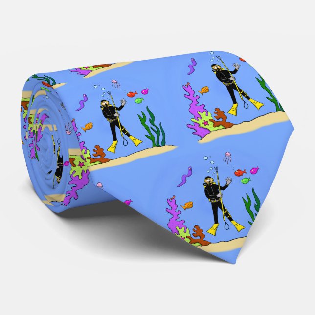 Funny scuba diver and fish sea creatures cartoon tie (Rolled)